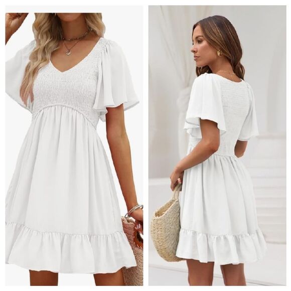 LILLUSORY Dresses & Skirts - White BOHO Boutique Lined Rouched Dress